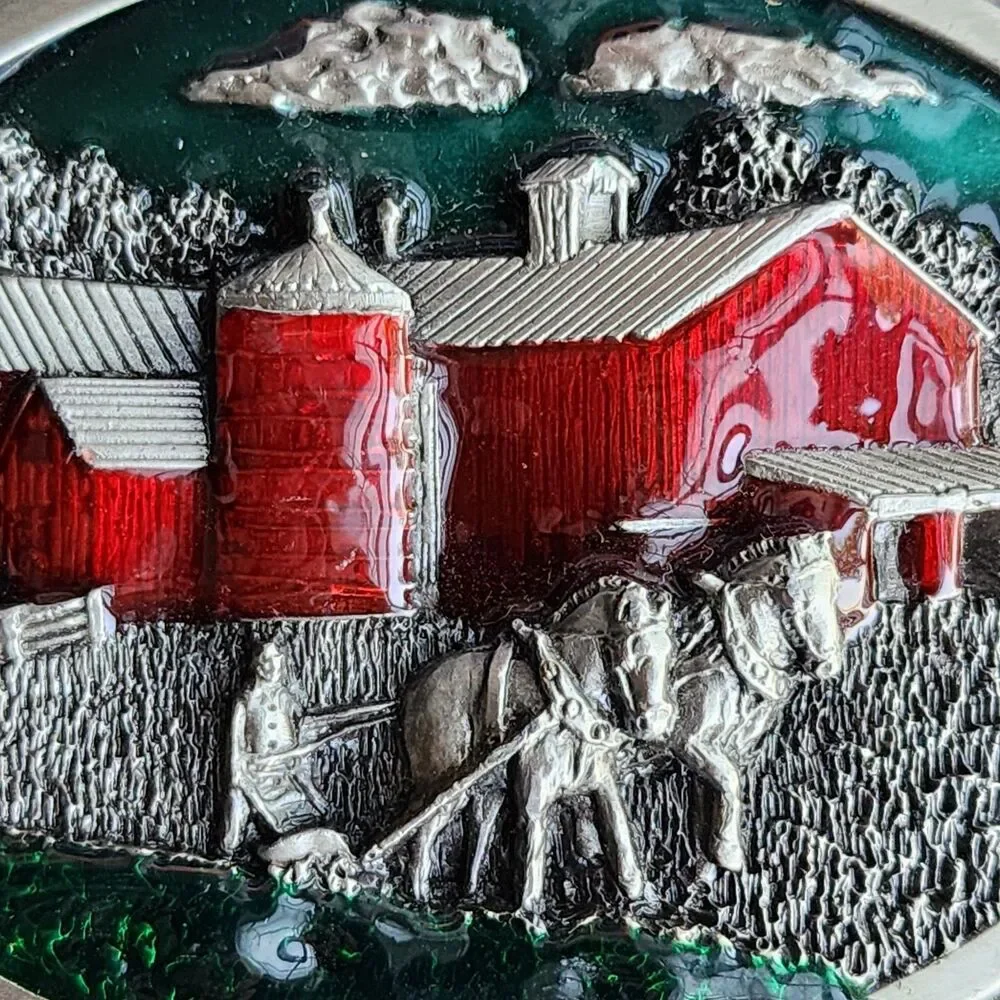 Vintage 1984 Bergamot Brass Works Belt Buckle Red Barn Farm Horse Plowing R-149